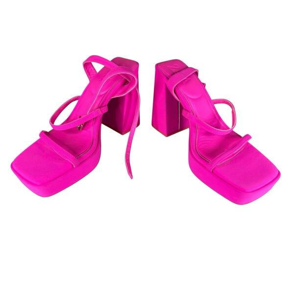 ZARA Bright Fuchsia Chunky Platform Sandals Size 7 US / 37 EU Strappy Block Heel - Picture 7 of 9